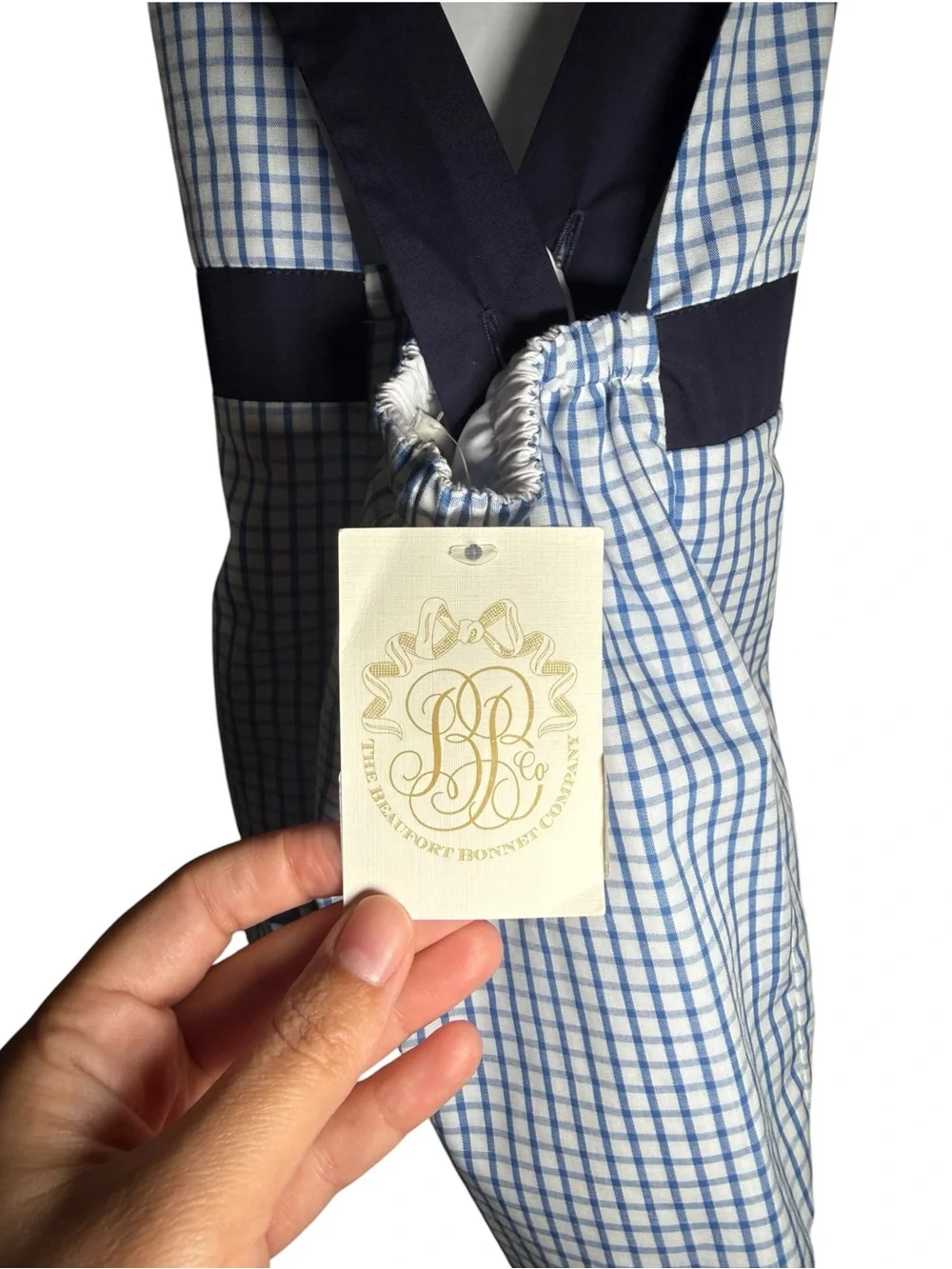 The Beaufort Bonnet Company Shadley Shortall Blue Windowpane Fish Applique NWT